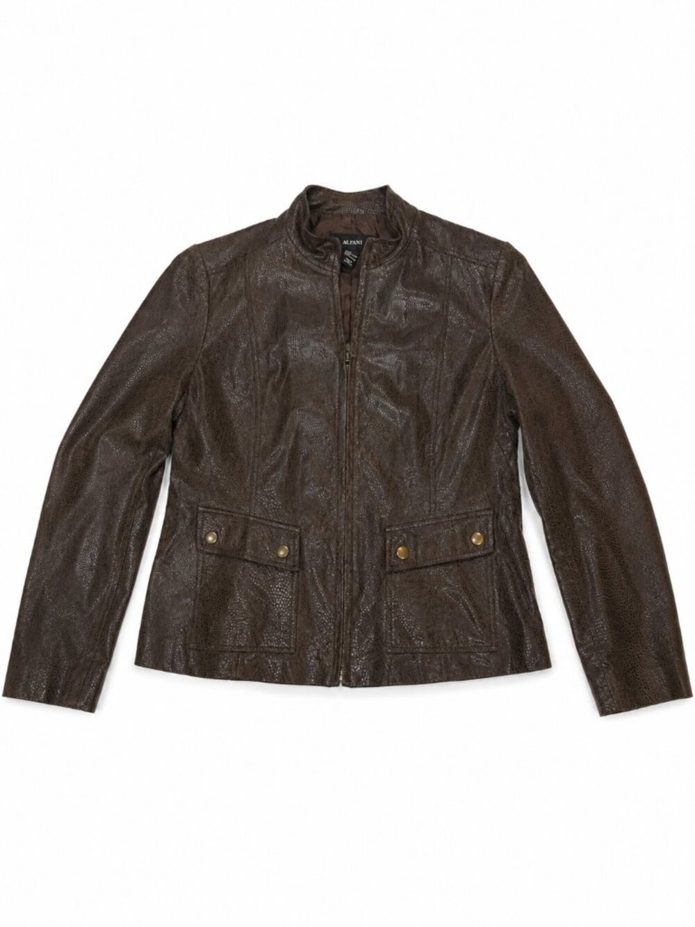 Alfani Brown Leather Moto Jacket Snake Embossed Womens Medium